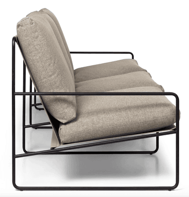 A three-seater sofa with a minimalist design. It features a slender black metal frame with angular legs supporting a light grey upholstered seat and back cushions. The backrest is divided into three distinct sections, and the seat is composed of three individual cushions. — 3D model