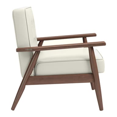 A stylish mid-century modern lounge chair featuring an exposed dark wooden frame and light-colored upholstered cushions. The chair has straight, flat wooden armrests and tapered, angled legs. The back and seat cushions are neatly upholstered with visible piping along the edges, suggesting a comfortable yet minimalist design. — 3D model