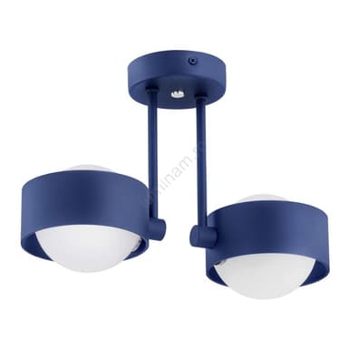 A modern two-light ceiling fixture featuring a matte blue finish on its metal frame and cylindrical bands, each housing a spherical frosted white glass diffuser. The fixture connects to the ceiling via a circular canopy and two short downrods. — 3D model