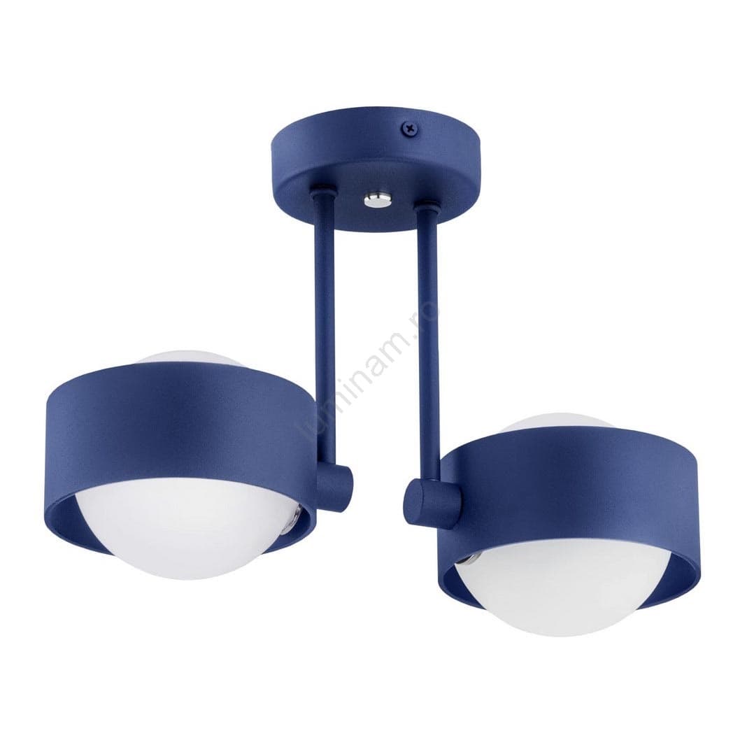 A modern two-light ceiling fixture featuring a matte blue finish on its metal frame and cylindrical bands, each housing a spherical frosted white glass diffuser. The fixture connects to the ceiling via a circular canopy and two short downrods. — 3D model