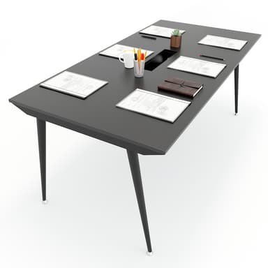 A sleek, contemporary rectangular conference table featuring a dark charcoal gray top and slender, tapered legs. The tabletop includes a central rectangular cutout for cable management or integrated power modules. — 3D model