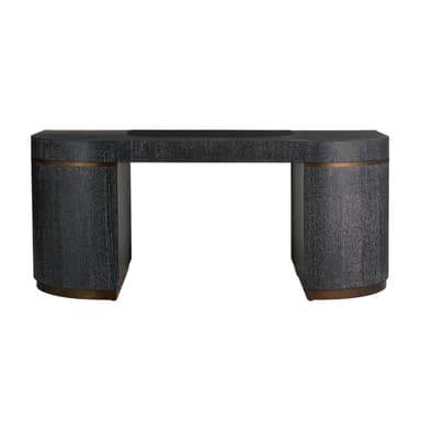 A modern executive desk with a dark, textured finish and curved pedestal bases. It features a rectangular top with a slight curve at the front and a recessed area near the back. The pedestal bases have metallic trim near the top and bottom, adding a decorative element. The overall design is contemporary and sleek. — 3D model