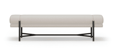 A contemporary upholstered bench featuring a light beige fabric cushion with a subtle texture. The bench is composed of two distinct upholstered layers separated by a slim brass band. The upper layer has rounded edges, while the lower, thinner layer is integrated into the structural design. The upholstery is detailed with subtle double-stitching. The bench is supported by a minimalist black metal frame that incorporates brass accents at the points where the vertical supports meet the horizontal base structure and the bench itself. — 3D model