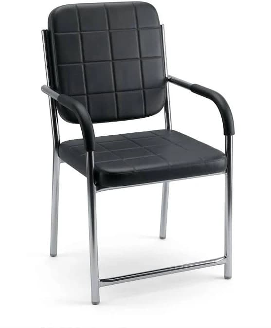 A contemporary office guest armchair featuring black quilted faux leather upholstery on the seat and back, supported by a polished chrome-plated steel frame. The chair has fixed armrests with black padded tops. The tubular steel frame forms the legs, arm supports, and a lower crossbar for stability. — 3D model