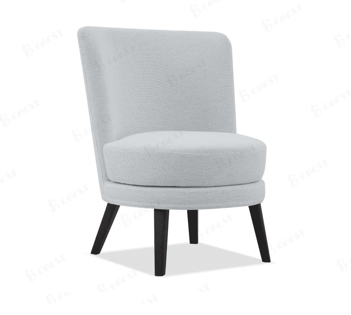 An armless accent chair with a contemporary barrel-back design, upholstered in a light gray textured fabric and supported by dark tapered wood legs. — 3D model