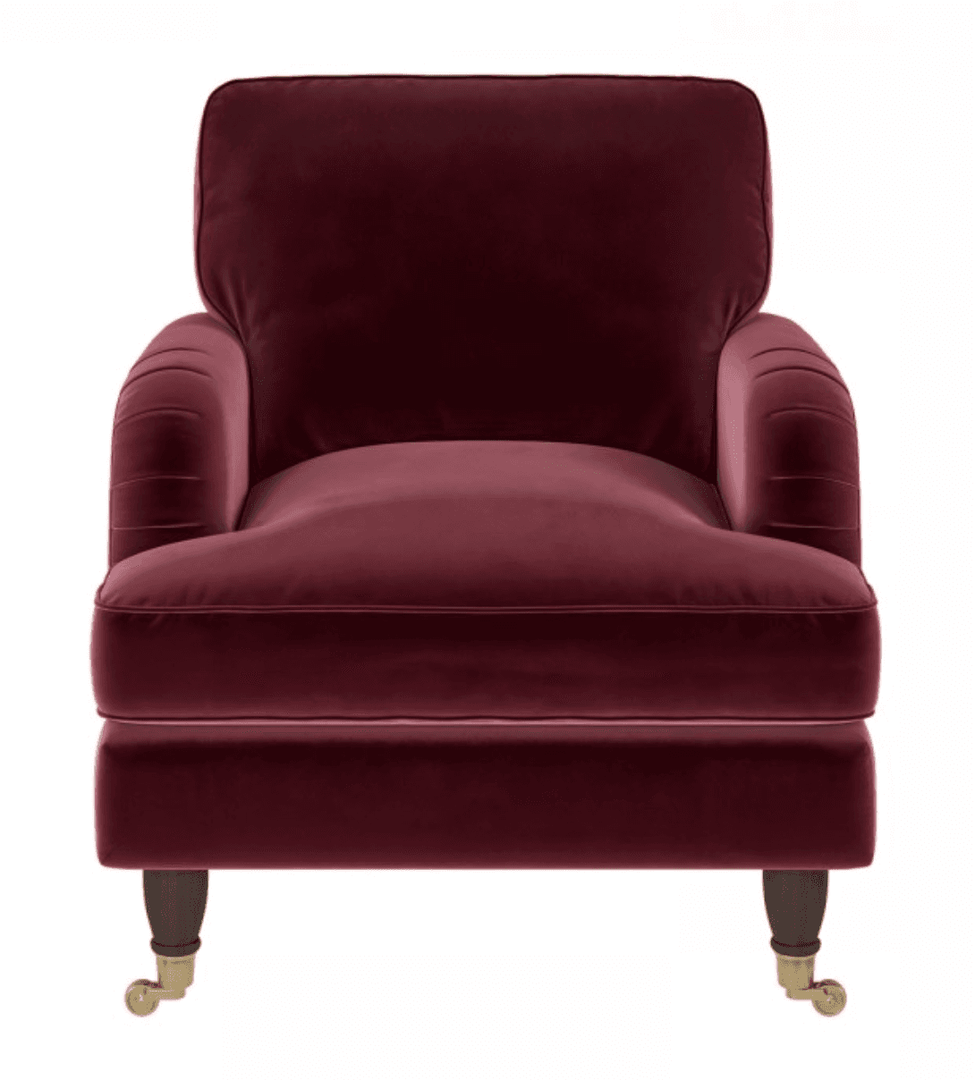 A deep red, velvet upholstered armchair featuring rolled arms with subtle pleating, a plush seat cushion, and dark turned wooden legs with brass casters. — 3D model