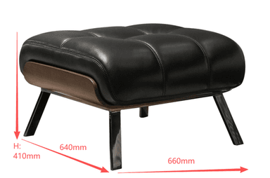 A contemporary ottoman featuring black leather upholstery with buttonless tufting, supported by a dark wood base panel and four angled, black metal legs. — 3D model