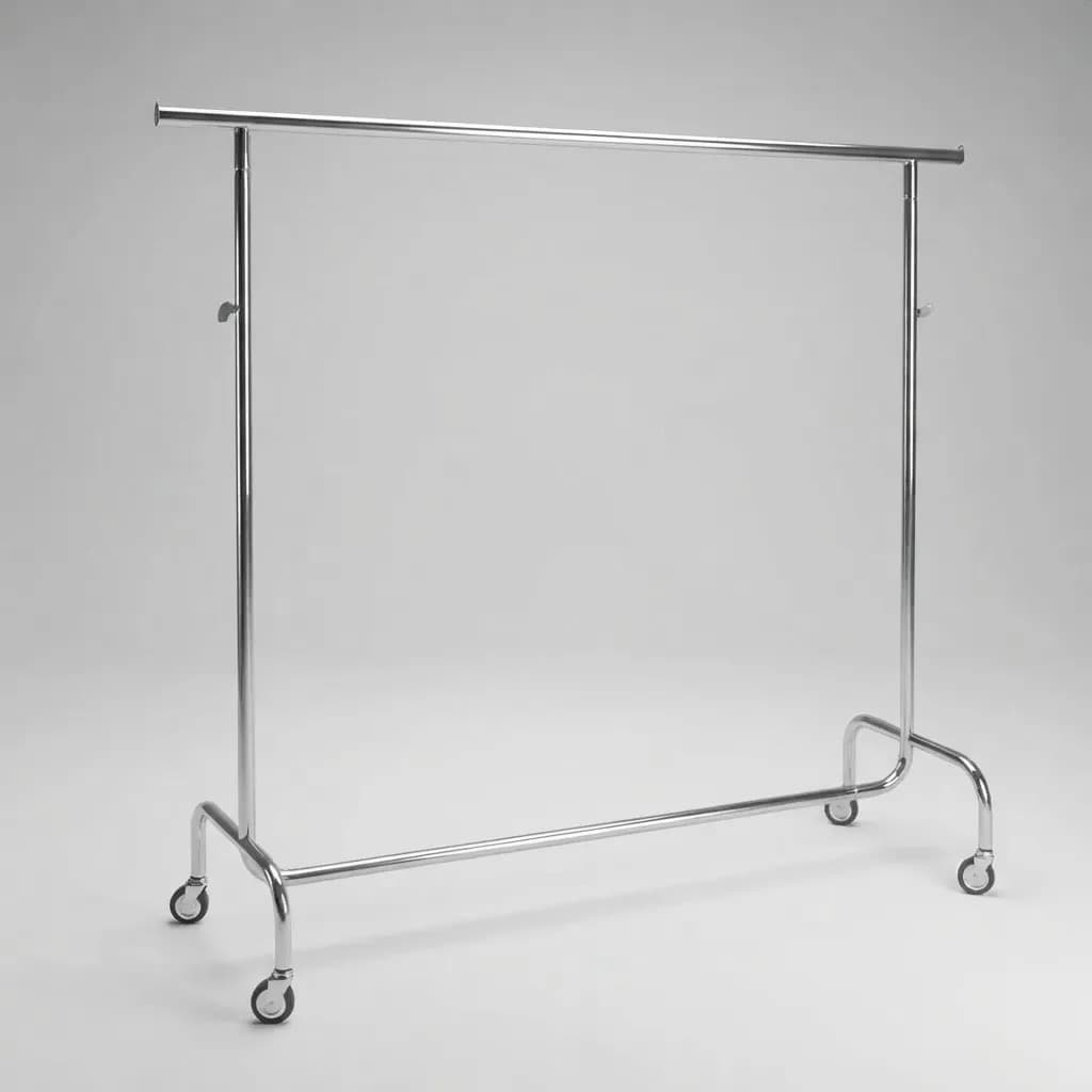 A freestanding, adjustable-height garment rack made from polished chrome-plated metal tubing. It features a horizontal hanging bar supported by two uprights, a stable base with a connecting bar, and four swivel casters for mobility. The rack's height can be adjusted using visible locking mechanisms. — 3D model