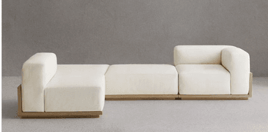A contemporary modular sectional sofa comprised of three distinct sections: two end pieces with integrated armrests and one armless middle segment. Each module features a light-colored fabric upholstery and is set upon a recessed plinth base constructed from light-toned wood. — 3D model