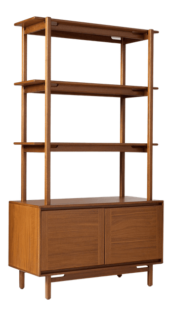 A tall, rectangular mid-century modern shelving unit made of warm-toned wood, likely teak. It features three open shelves on the upper portion and a two-door cabinet on the lower base, standing on tapered legs with a stretcher. — 3D model