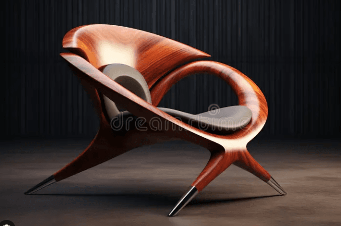 A modern, sculptural chair with a unique, flowing design. The main body of the chair is constructed from polished wood, featuring a rich, reddish-brown hue with visible grain patterns. It has an ergonomic seat and backrest, upholstered in a neutral, light-colored fabric. The chair is supported by a distinctive base with slender legs that taper to polished metal feet. The overall form suggests a contemporary, artistic aesthetic. — 3D model