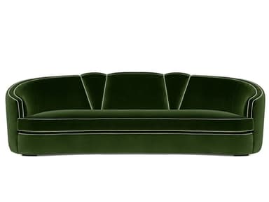 A luxuriously designed curved sofa upholstered in deep emerald green velvet, featuring a distinctive channel-tufted backrest and elegant white piping along its edges. The sofa presents a streamlined, low-profile silhouette with a continuous base that curves inward, suggesting a floating appearance. The design evokes an Art Deco aesthetic with its curvilinear form and plush material. — 3D model
