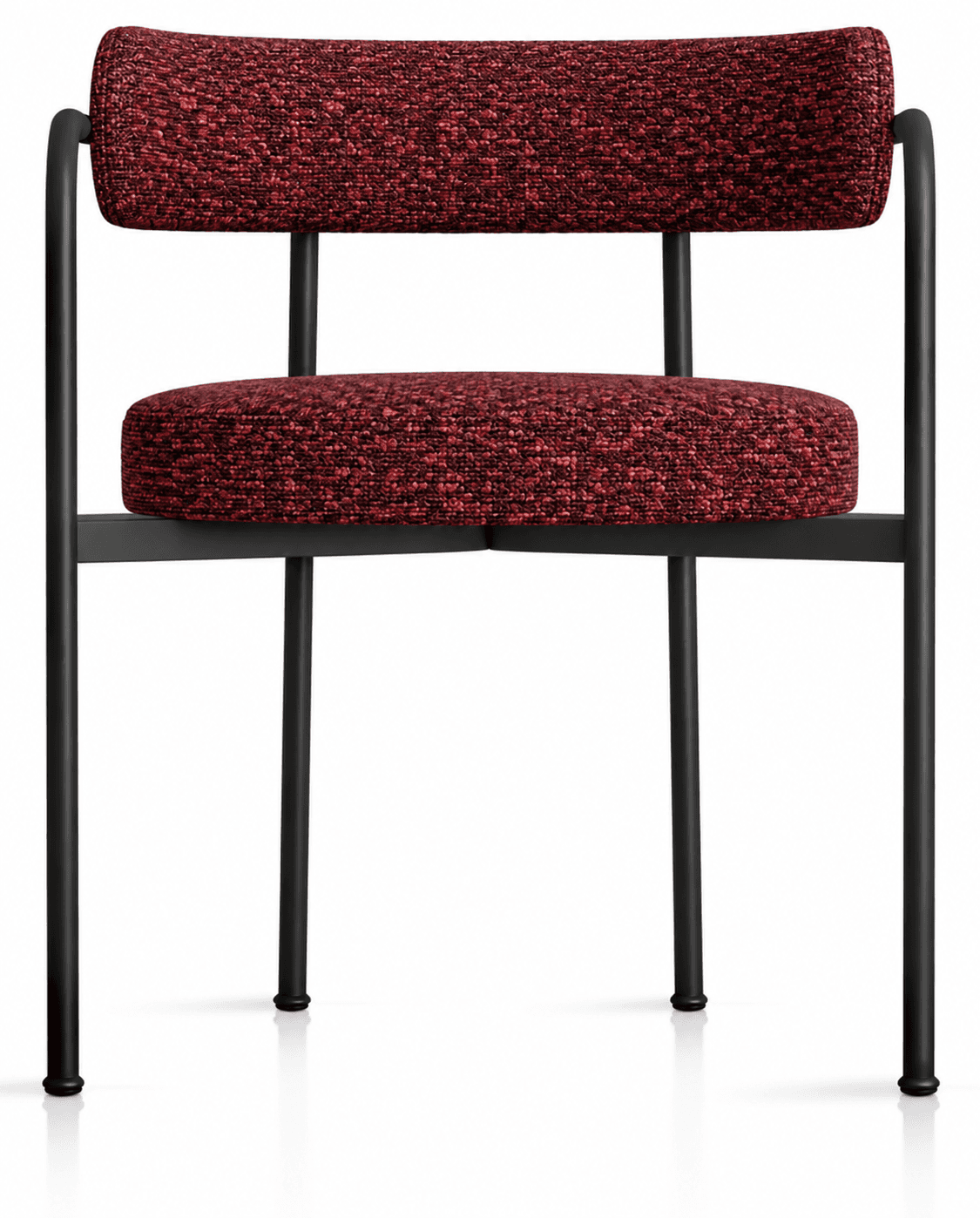 A modern armchair featuring a minimalist black metal frame with a distinct textured red upholstered seat and backrest. The design is contemporary, emphasizing clean lines and a comfortable, rounded form for the cushioning elements. — 3D model