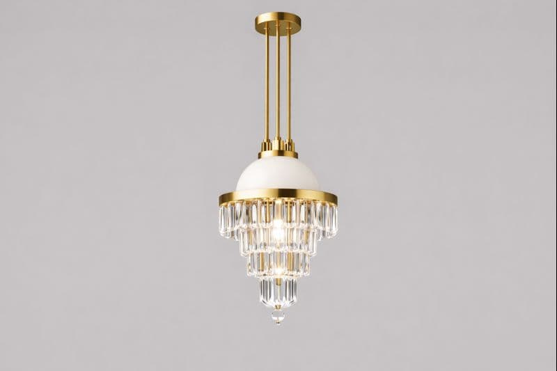 A tiered chandelier with a brass finish and glass accents. The fixture features a white dome-shaped diffuser at the top, followed by several cascading layers of clear, faceted glass prisms arranged in a stepped pattern. The overall design suggests a vintage or Art Deco influence. — 3D model