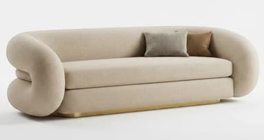 A modern, sculptural sofa upholstered in a light, textured boucle fabric, featuring continuous rounded arms and backrest, with a low profile base and two accent pillows. — 3D model
