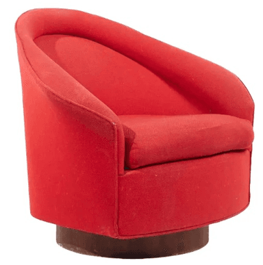 A contemporary red upholstered swivel armchair featuring a continuous, rounded backrest and integrated arms, set upon a dark wooden circular swivel base. — 3D model