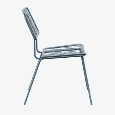 An armless chair constructed from light blue-gray powder-coated metal, featuring a grid or mesh pattern for both the seat and backrest, supported by a thin tubular metal frame and four splayed legs. — 3D model