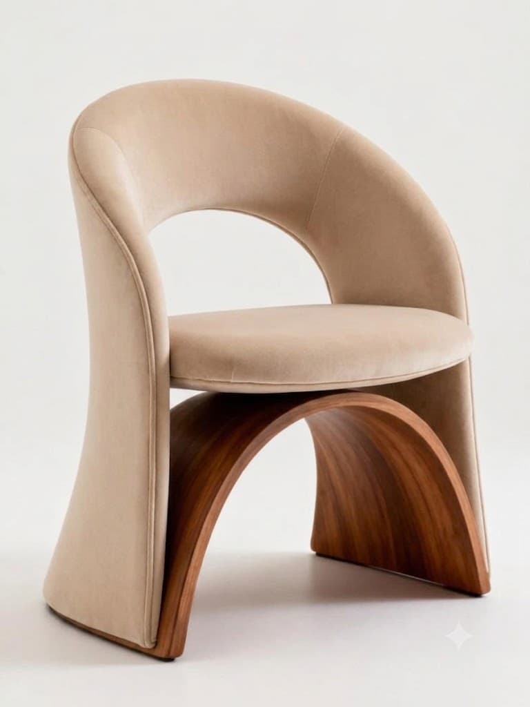 A contemporary armchair featuring a fluid, sculptural design with a light-toned velvet upholstered seat and back, supported by a distinctive arched wooden base. The backrest and armrests form a continuous curve, with an open space above the seat, contributing to its modern aesthetic. — 3D model