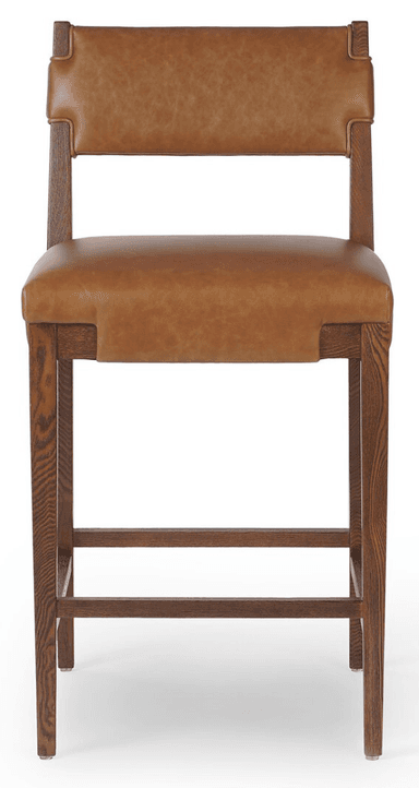 A bar stool featuring a sturdy dark oak wood frame and a brown leather upholstered seat and backrest. The backrest and seat are integrated into the frame with distinctive wrap-around detailing of the leather around the wood. It has two horizontal footrests and visible wood grain. — 3D model