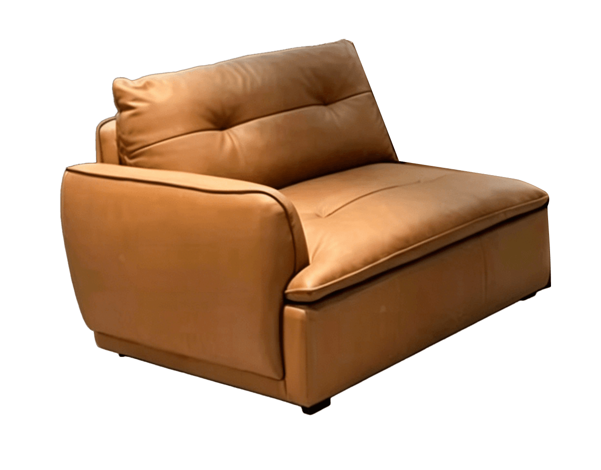 A contemporary armchair with a low profile, featuring a deep seat and plush cushioning. The armchair has a single armrest on the left side and a tufted back cushion. It is upholstered in a smooth, caramel-colored leather with subtle piping details along the edges. — 3D model