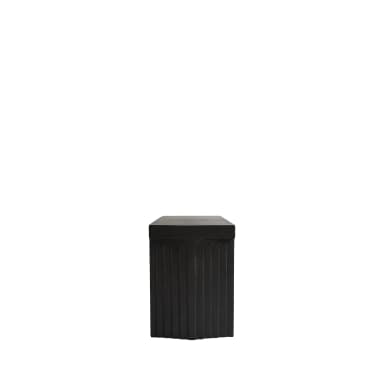 A dark-colored console table with a thick, rectangular top supported by two solid, block-like legs. The legs are set inward from the ends of the tabletop, creating a cantilevered effect. The front edges of the legs have a subtle vertical fluting or grooved detail. The overall design is minimalist and modern. — 3D model