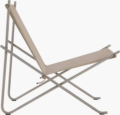 A modern chair with a metal frame and a seat and backrest woven from thick, light-colored rope. The frame appears to be made of brushed metal, possibly stainless steel or aluminum, with thin, curved legs and a horizontal support bar. The rope is tautly woven vertically for the backrest and horizontally for the seat, creating a textured and airy surface. The design is minimalist and appears suitable for indoor or outdoor use. — 3D model