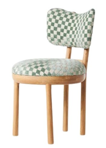 A contemporary armless chair featuring a light natural wood frame and distinctive green and off-white checkerboard upholstery. The seat is round and padded, complementing a curved, ergonomic backrest. The four tapered legs are also crafted from light wood. — 3D model