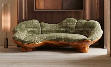 A highly distinctive and sculptural sofa featuring an organic, undulating form. The seat and backrest are upholstered in a textured green fabric with subtle lighter stripes, conforming to the natural curves of the piece. The sofa is supported by a substantial, hand-carved wooden base with a rich, warm grain that mimics the fluid lines of the upper structure. The design emphasizes natural shapes and a biomorphic aesthetic, creating a statement piece that blurs the line between furniture and art. — 3D model