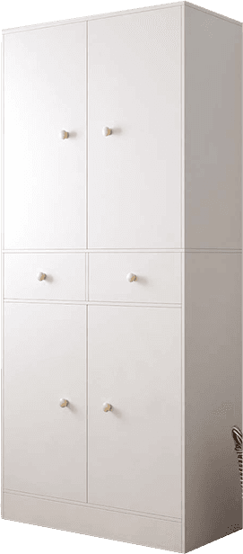A tall, slender white storage cabinet featuring two pairs of closed doors and two central drawers, all adorned with small, spherical natural wooden knobs. — 3D model