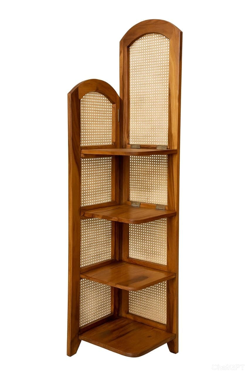 A tall, narrow corner shelving unit constructed from warm-toned wood, featuring four triangular shelves and two sections of natural cane webbing as back and side panels. The top of the unit and the top panel of the cane sections are shaped with elegant arches, adding a decorative touch to its functional design. — 3D model
