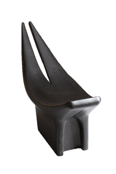 A striking, sculptural lounge chair crafted from a dark, apparently solid material, featuring a deeply reclined seat that integrates into a distinctive split backrest resembling two upward-curving horns. The chair rests on a solid, rectilinear base, and its surface exhibits subtle striations, suggesting a milled or sculpted construction. — 3D model