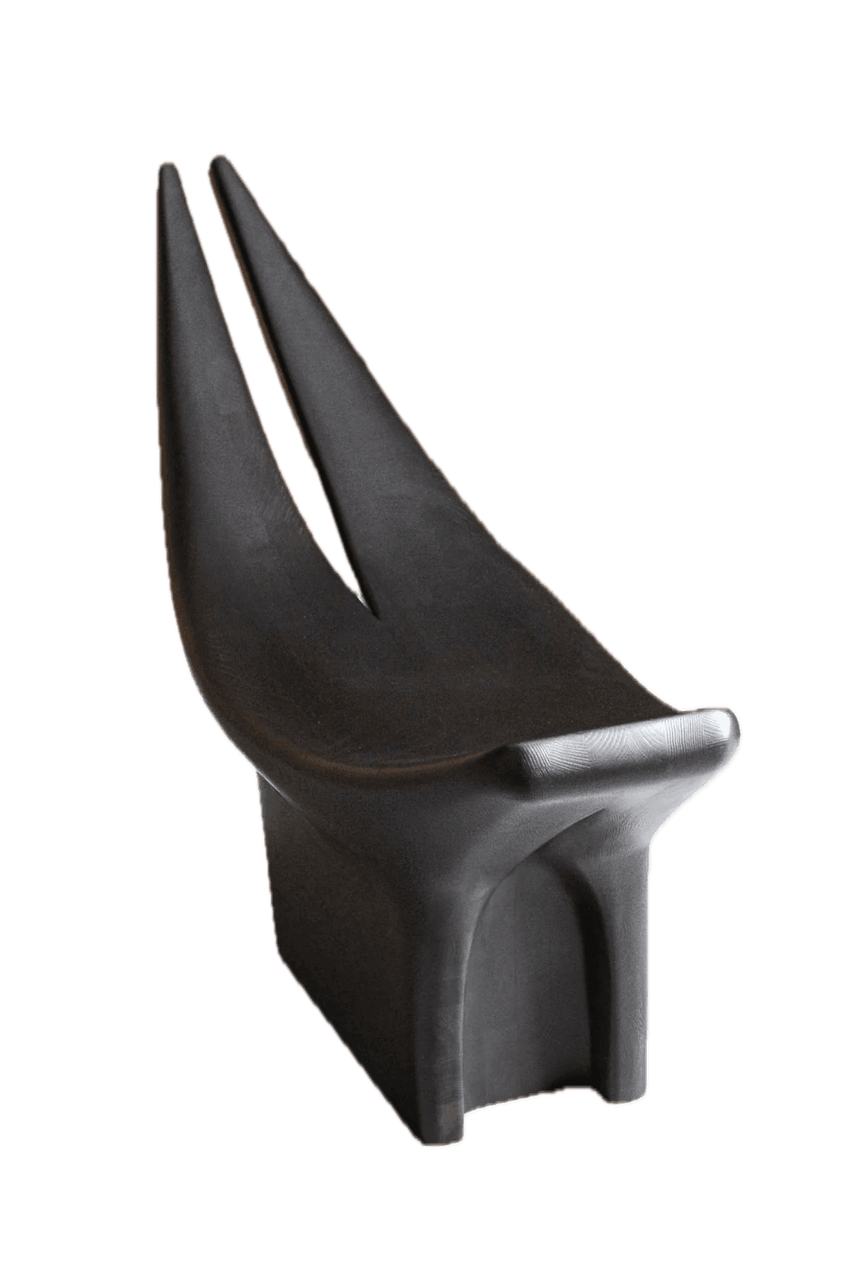 A striking, sculptural lounge chair crafted from a dark, apparently solid material, featuring a deeply reclined seat that integrates into a distinctive split backrest resembling two upward-curving horns. The chair rests on a solid, rectilinear base, and its surface exhibits subtle striations, suggesting a milled or sculpted construction. — 3D model