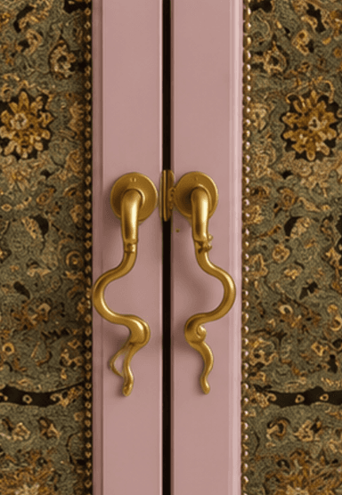 A three-panel folding room divider featuring a light pink wooden frame with ornate, intricately patterned textile panels. Each panel is hinged to allow for folding and positioning. The top edges of the panels have a scalloped design, and decorative finials are present at the top and bottom of the vertical supports, enhancing its traditional aesthetic. The textile features a dense, multi-colored pattern primarily in shades of green, gold, and dark accents. — 3D model