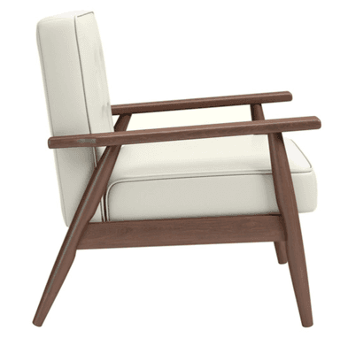 A mid-century modern style armchair featuring a dark wood frame, light-colored upholstered cushions, and button tufting on the backrest. — 3D model
