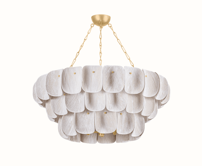 A multi-tiered chandelier featuring numerous overlapping, petal-shaped diffusers. The diffusers are arranged in concentric layers, creating a voluminous and textured appearance. The central body and suspension chains are made of a metallic material with a golden finish. Small, brass-colored fasteners are visible where the diffusers attach to the structure. The diffusers themselves have a matte, textured surface with a pale, off-white or light wood-like color and appear to have a fine, linear pattern, possibly simulating wood grain or feather textures. — 3D model
