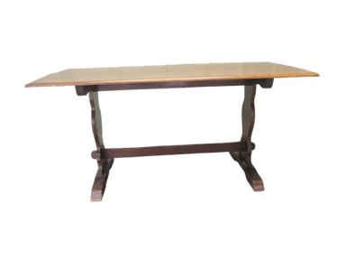 A rectangular dining table with a natural wood finish on the tabletop and a dark stained trestle base. The tabletop features a slightly curved edge and visible wood grain. The base consists of two arched supports connected by a central stretcher. — 3D model