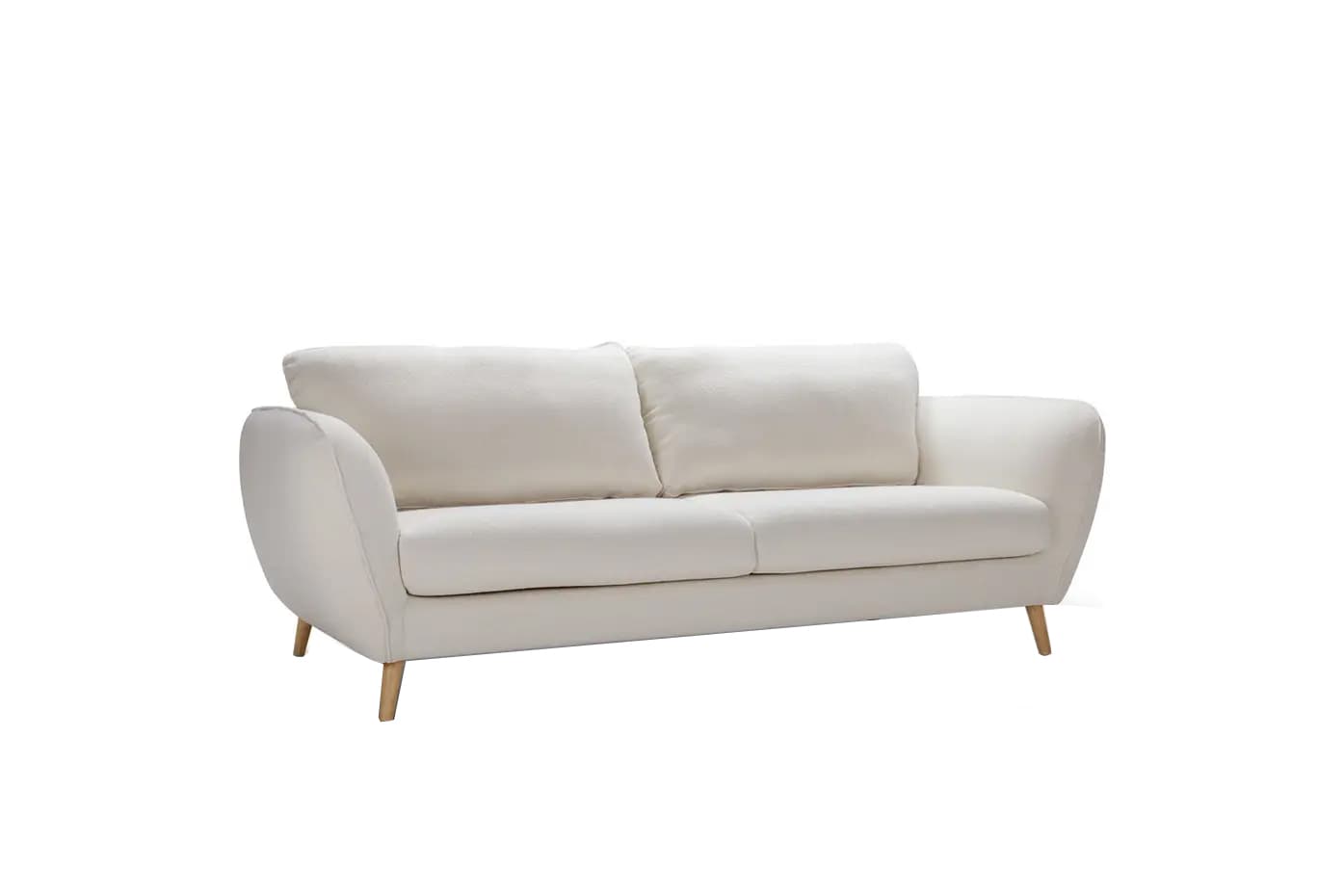 A two-seater sofa with rounded arms and back. It features a tufted seat cushion and two loose back cushions. The sofa is supported by four tapered wooden legs. — 3D model