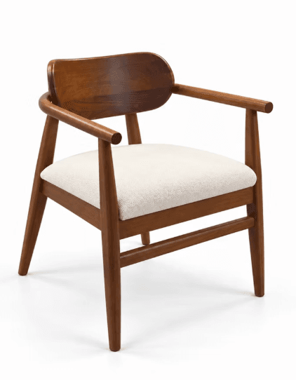 A well-lit, front-facing image of a mid-century modern armchair featuring a solid wood frame with a rich, warm brown finish. The chair includes a curved wooden backrest that flows into rounded armrests. The seat is upholstered in a textured, off-white fabric cushion. The legs are tapered and splayed slightly, contributing to the chair's overall elegant and minimalist aesthetic. The construction appears sturdy and clean. — 3D model