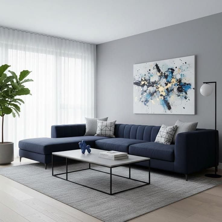 A modern L-shaped sectional sofa upholstered in a dark blue fabric. It features a left-facing chaise lounge, clean lines, and slender track arms. The backrest cushions are vertically channel-tufted, adding a textural design element. The sofa is supported by low-profile, dark-finished metal legs. Two decorative accent pillows, one grey and one with a geometric pattern, are included. — 3D model