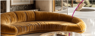 A crescent-shaped sofa featuring deep channel tufting, upholstered in a rich golden-brown velvet fabric. The design is low-profile with a continuous, sculptural form that serves as both backrest and armrest. — 3D model