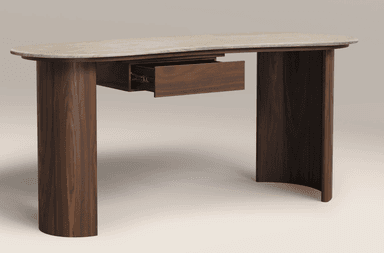 A modern console table featuring an organically shaped light-colored stone top, likely travertine or marble. It stands on two thick, half-round legs made of dark-toned wood, possibly walnut, which extend directly from the tabletop. An integrated, recessed drawer made of the same dark wood is situated beneath the tabletop. — 3D model
