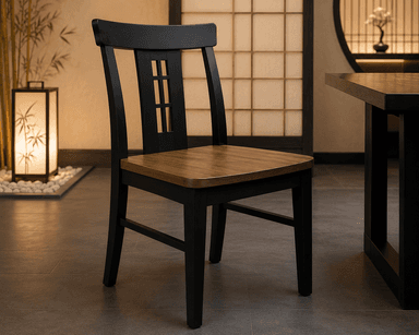 A wooden dining chair featuring a two-tone finish, with a black frame and a brown seat. The backrest has a slatted design with decorative horizontal elements in the center. — 3D model