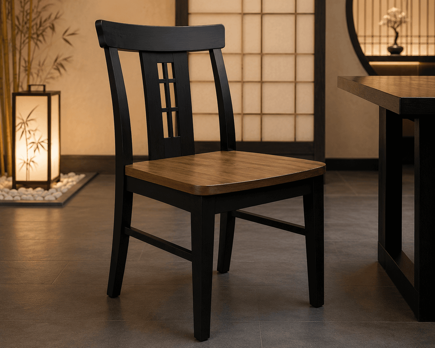 A wooden dining chair featuring a two-tone finish, with a black frame and a brown seat. The backrest has a slatted design with decorative horizontal elements in the center. — 3D model