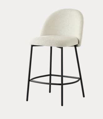 A modern bar stool featuring a curved, upholstered backrest and seat, set on a slender black metal frame. The upholstery is a textured cream or off-white boucle fabric. The frame includes four straight legs with horizontal stretchers forming a footrest at the appropriate height. — 3D model