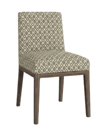 An armless dining chair featuring a fully upholstered seat and backrest with a repeating geometric pattern in light beige and olive-green tones. The chair is supported by four straight, tapered wooden legs in a medium-dark brown finish. — 3D model