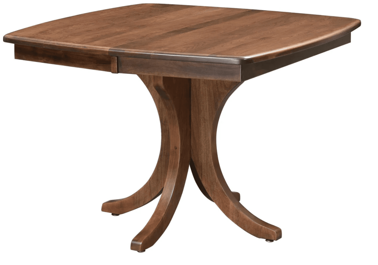 A square-top dining table with rounded corners, featuring a pedestal base composed of four curved legs that splay outwards. The tabletop has a visible seam suggesting it may be extendable. The wood grain is prominent, and the finish is a medium-dark brown. — 3D model