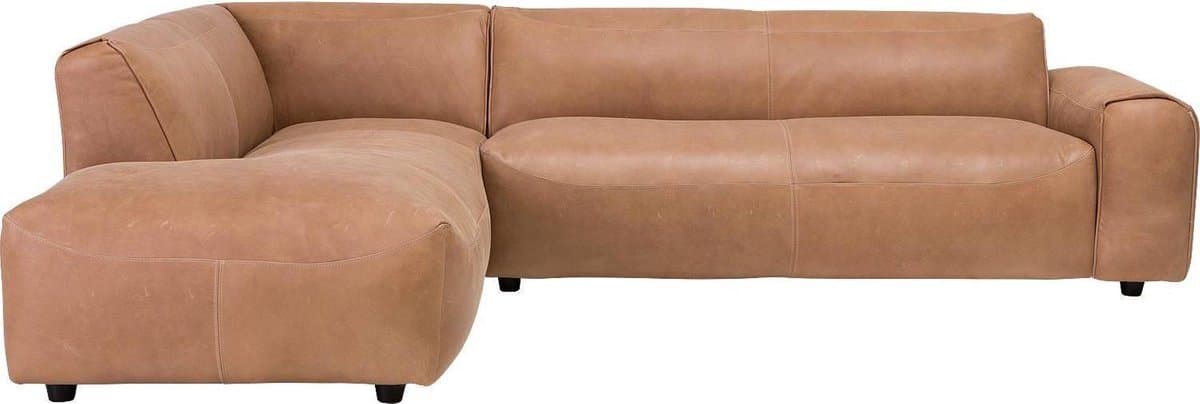 An L-shaped sectional sofa upholstered in light brown (camel) leather, featuring a contemporary design with soft, rounded edges and thick, plush-looking integrated cushions. The sofa sits on small, recessed dark legs, giving it a low-profile appearance. Visible stitching details outline the edges of the cushions and the overall form. — 3D model