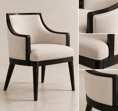 An elegant upholstered armchair featuring a dark wood frame with a light-colored fabric. The chair has a curved backrest that seamlessly integrates with the armrests. It stands on four tapered legs. — 3D model