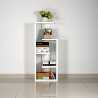 A white, modern, free-standing bookshelf with an asymmetric design. It features a vertical structure with several horizontal shelves. The top shelf extends further out to the right than the lower shelves. — 3D model