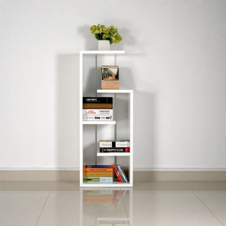 A white, modern, free-standing bookshelf with an asymmetric design. It features a vertical structure with several horizontal shelves. The top shelf extends further out to the right than the lower shelves. — 3D model
